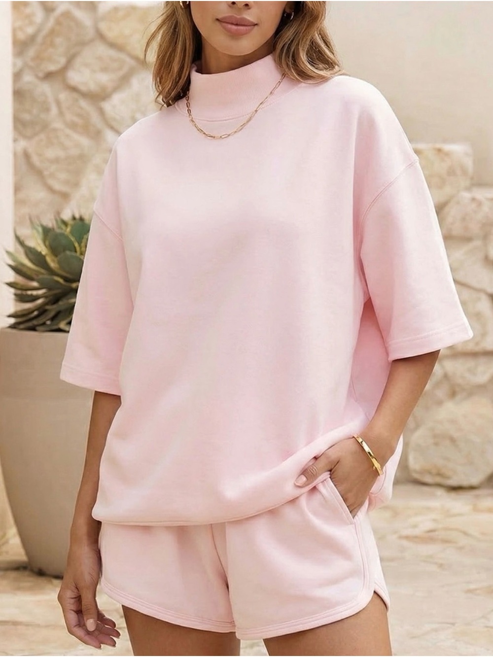 Soft Pink Women's Mock Neck/Shorts 2 pc Set